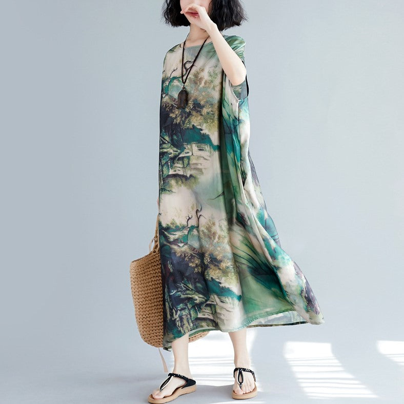 Landscape Pattern Ramie Fabric Robe Chinese Style Casual Dress
