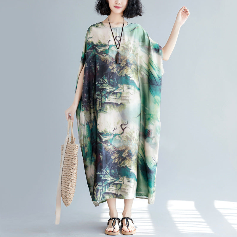 Landscape Pattern Ramie Fabric Robe Chinese Style Casual Dress