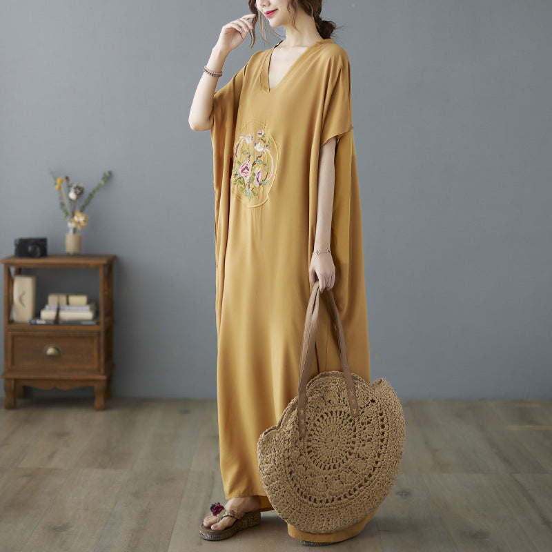 Bird & Floral Embroidery Ramie Fabric Robe Chinese Style Casual Dress