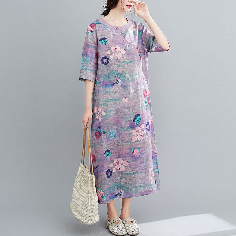 Round Neck Half Sleeve Floral Ramie Fabric Chinese Style Casual Dress