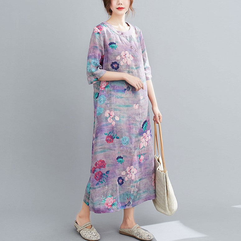 Round Neck Half Sleeve Floral Ramie Fabric Chinese Style Casual Dress