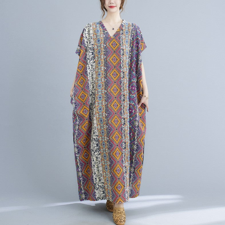 V Neck Floral Signature Cotton Robe Chinese Style Casual Dress Boho Dress