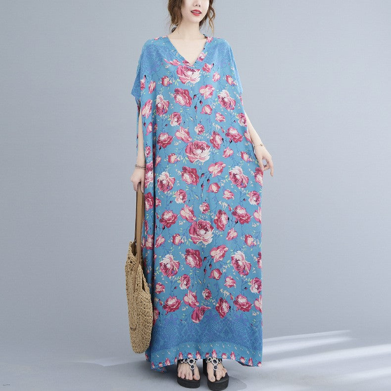 Floral Signature Cotton Robe Chinese Style Casual Dress Boho Dress