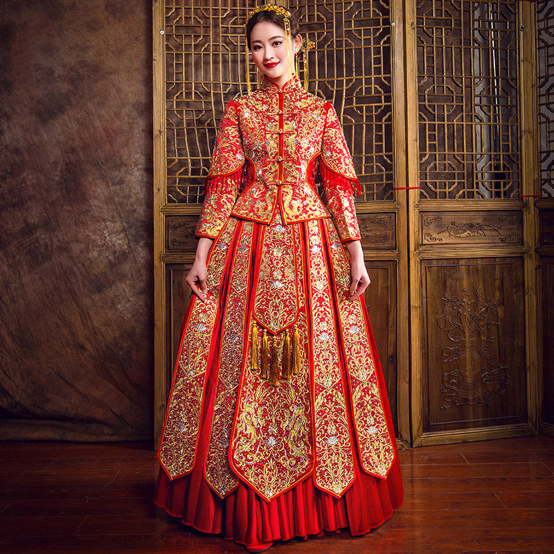 Dragon & Phoenix Embroidery Pleated Skirt Traditional Chinese Wedding IDREAMMART Dragon & Phoenix Embroidery Pleated Skirt Traditional Chinese Wedding IDREAMMART