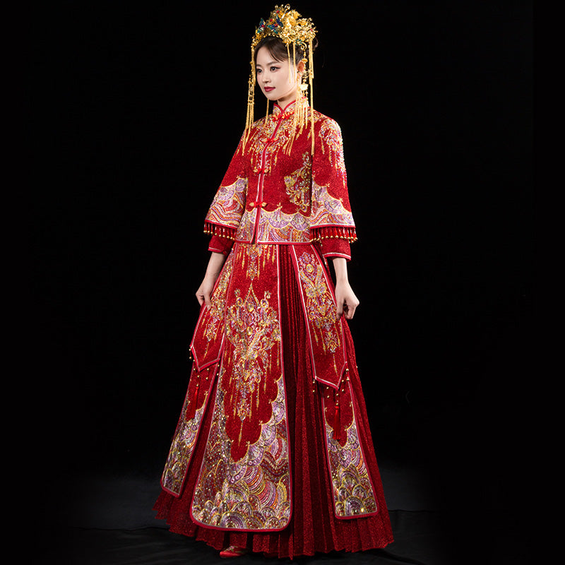 Mandarin Sleeve Pleated Skirt Retro Embroidery Chinese Wedding Suit