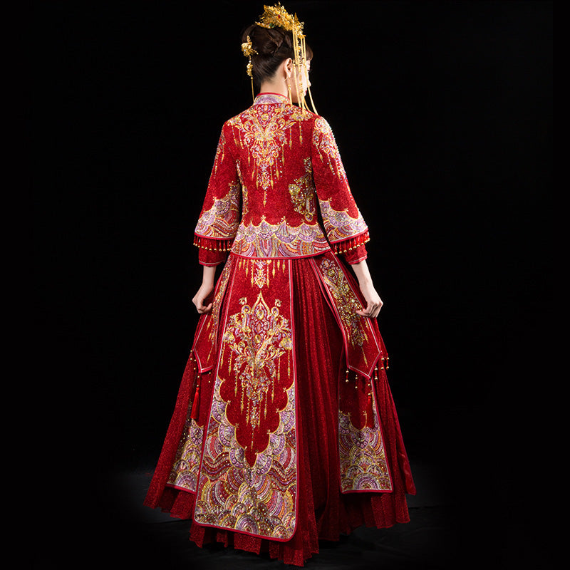 Mandarin Sleeve Pleated Skirt Retro Embroidery Chinese Wedding Suit