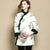 Abrigo acolchado estilo chino de algodón elegante floral de manga larga con borde de piel