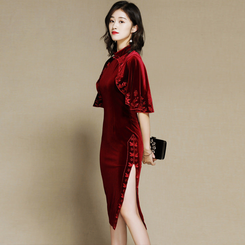 Ruffle Sleeve Knee Length Velvet Cheongsam Chinese Style Mother Dress