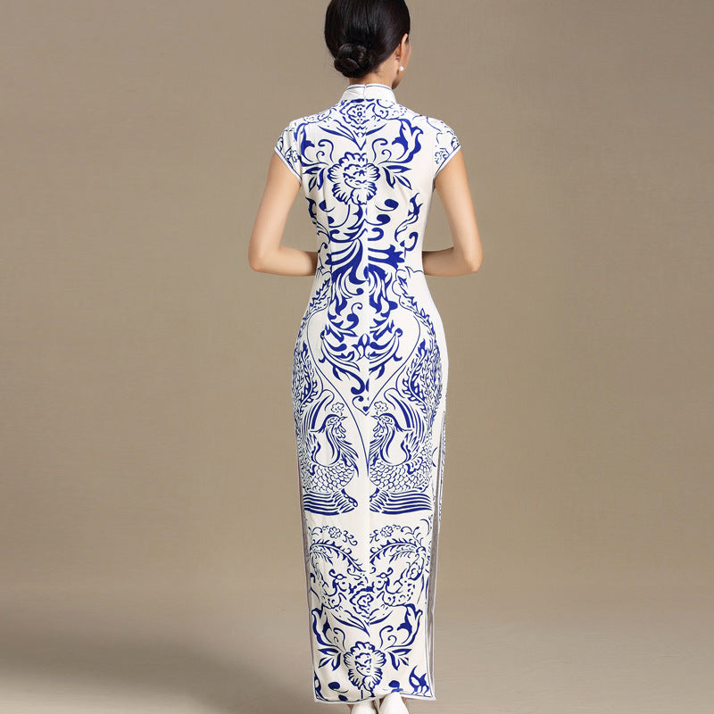 Mandarin Collar Cap Sleeve Blue & White Porcelain Pattern Cheongsam Chinese Dress