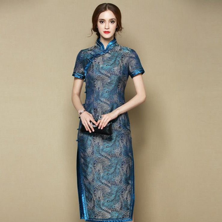 Traditional Floral Embroidery Brocade Full Length Cheongsam Chinese Dr ...