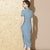 Tea Length Bodycon Cheongsam Chinese Dress with Lace Edge & Strap Buttons