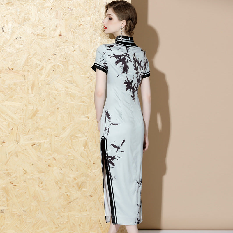 Tea Length Bodycon Floral Cheongsam Chinese Dress