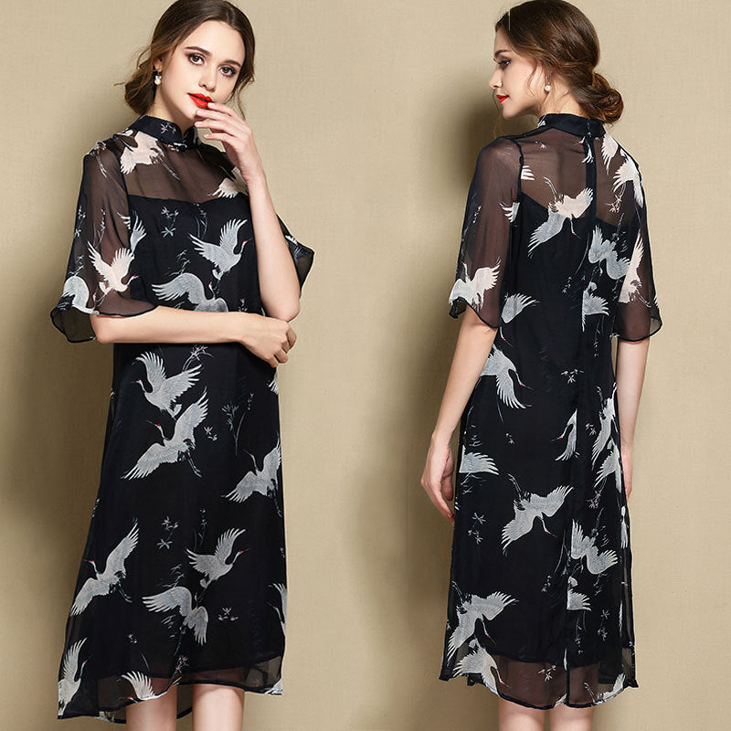 Illusion Neck & Sleeve Cranes Pattern Cheongsam Chinese Dress