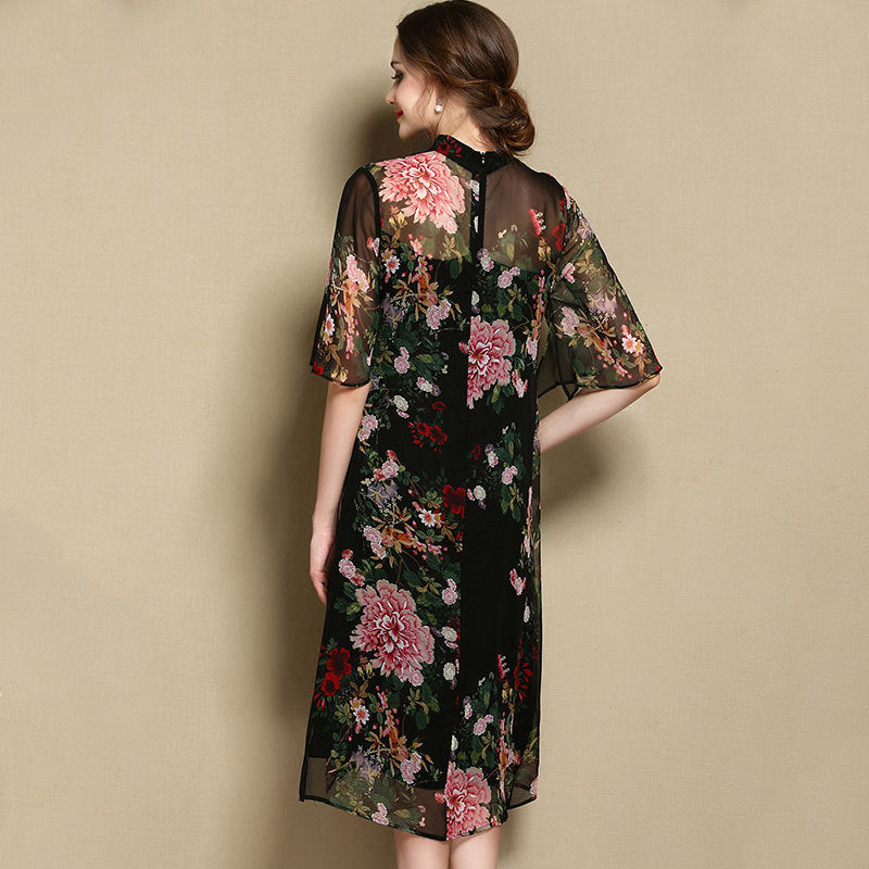 Illusion Neck & Sleeve Knee Length Cheongsam Floral Chinese Dress