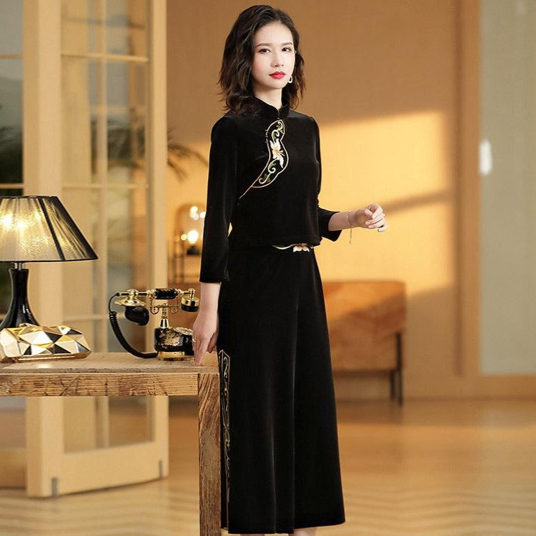Floral Embroidery Flocking Cheongsam Top & Loose Pants Chinese