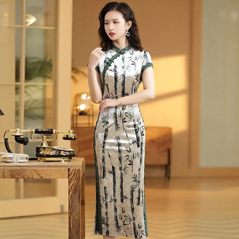 Bamboo Pattern Cap Sleeve Tea Length Cheongsam Chinese Dress – IDREAMMART