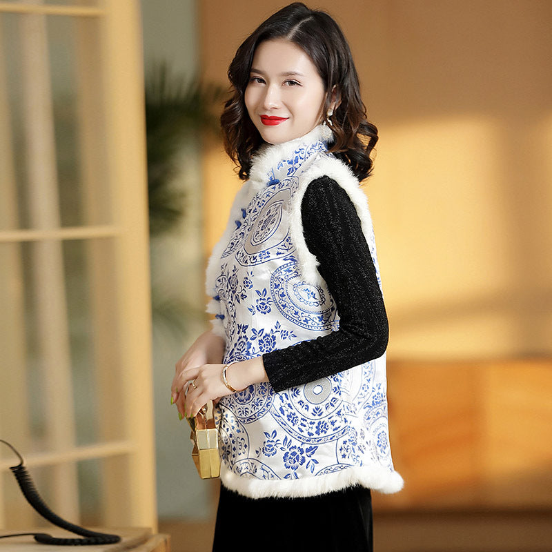 Blue & White Porcelain Pattern Fur Edge Chinese Wadded Waistcoat Vest