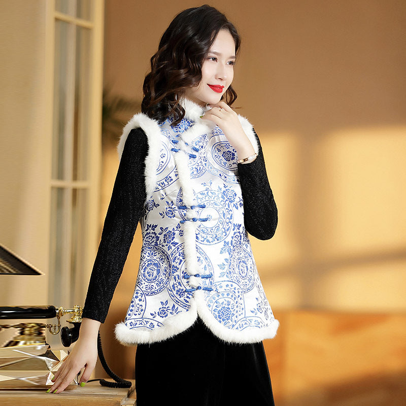 Blue & White Porcelain Pattern Fur Edge Chinese Wadded Waistcoat Vest
