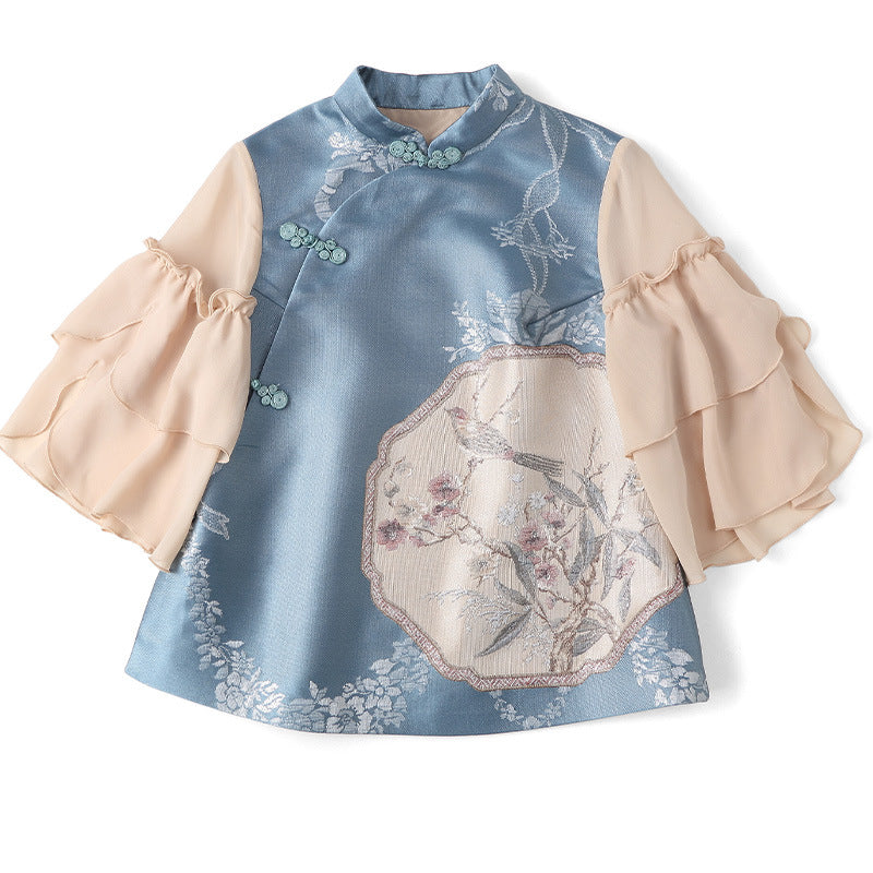 Floral Embroidery Brocade Cheongsam Top Traditional Chinese Blouse