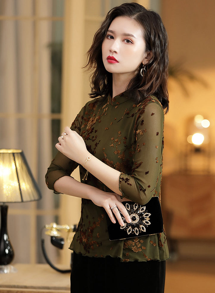 3/4 Sleeve Floral Embroidery Cheongsam Top Chinese Blouse
