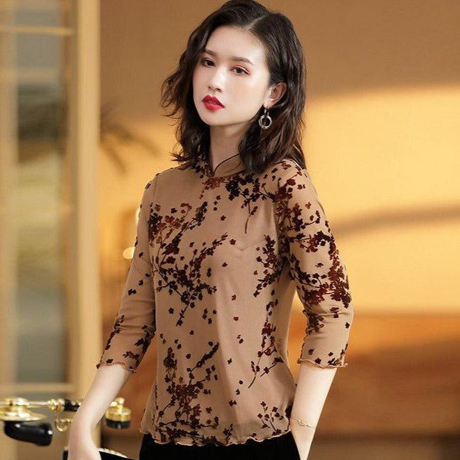 3/4 Sleeve Floral Embroidery Cheongsam Top Chinese Blouse