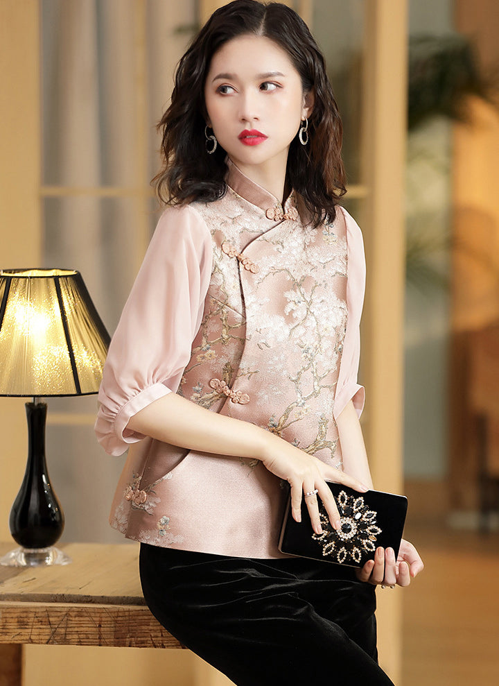 Ruffle Sleeve Floral Embroidery Brocade Cheongsam Top Chinese Blouse