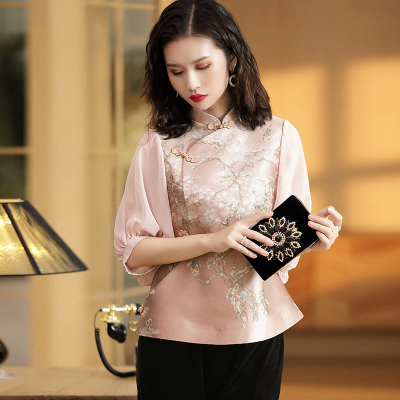 Ruffle Sleeve Floral Embroidery Brocade Cheongsam Top Chinese Blouse