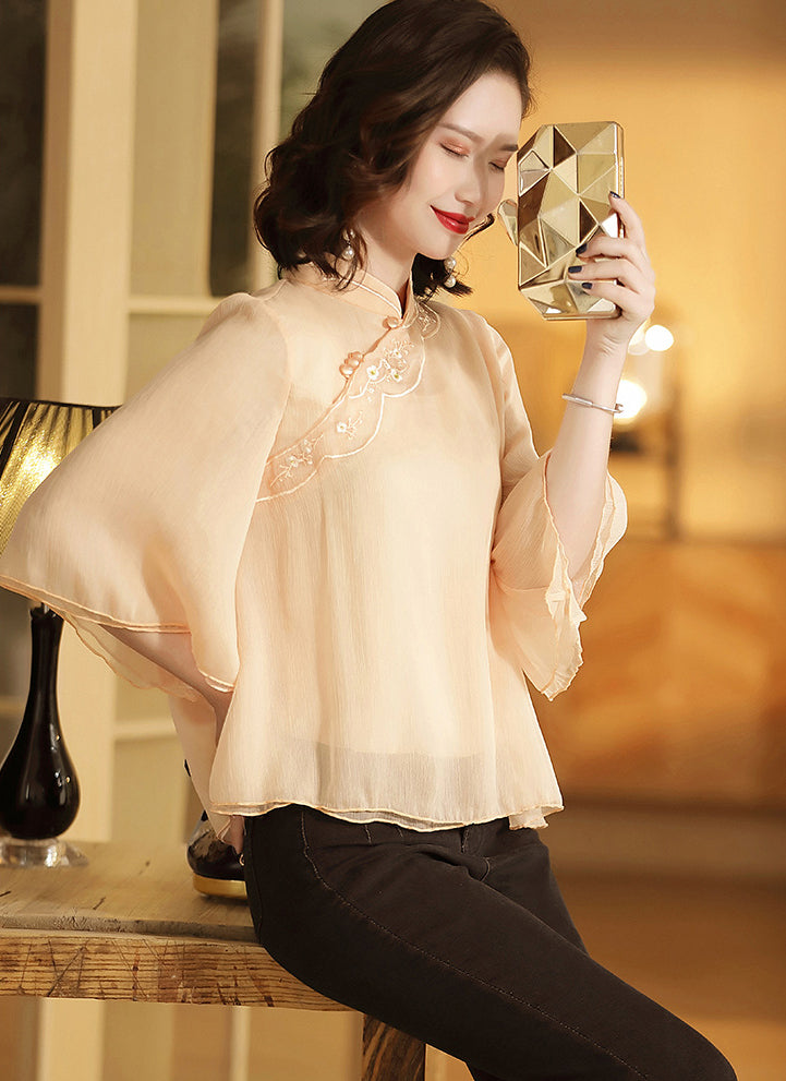 Floral Embroidery Ruffle Sleeve Cheongsam Top Chinese Blouse