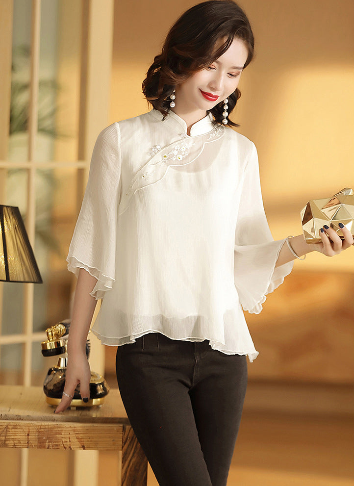 Floral Embroidery Ruffle Sleeve Cheongsam Top Chinese Blouse