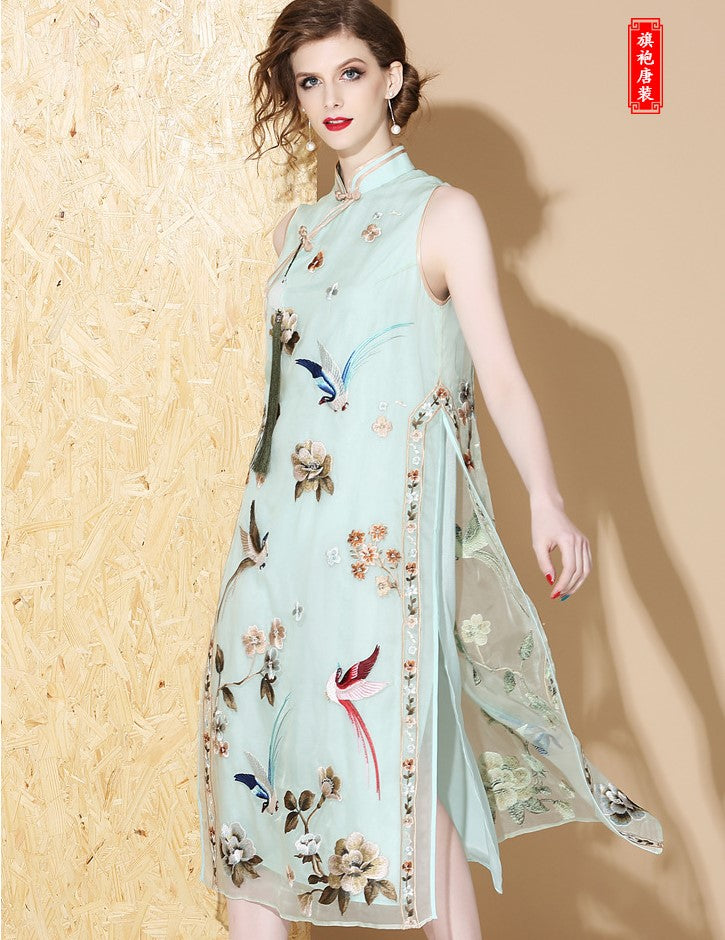 Floral Embroidery Real Silk Tea Length Cheongsam Chinese Dress