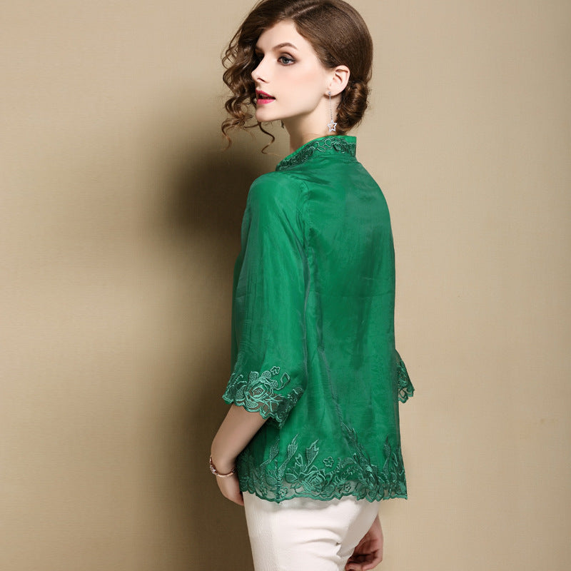 Floral Embroidery Edge Tulle Cheongsam Top Chinese Blouse