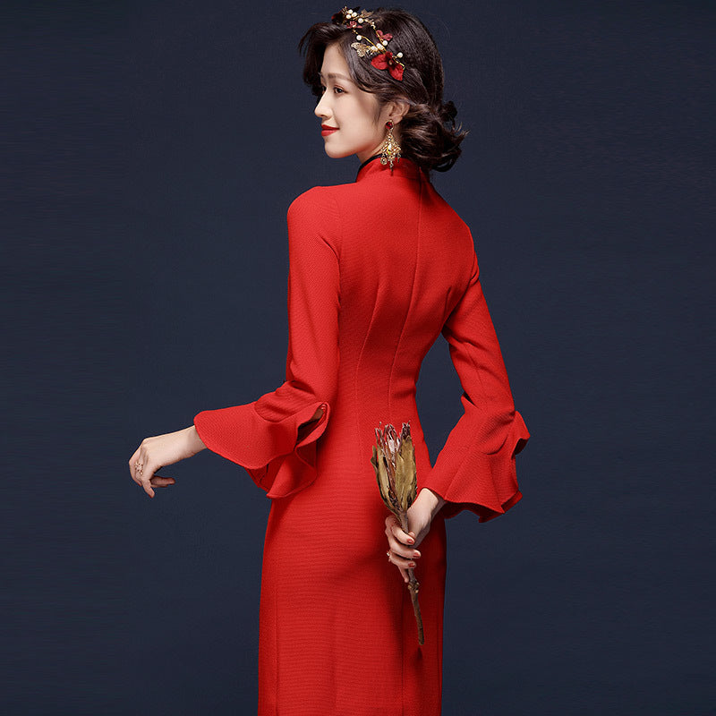 Ruffle Sleeve Cheongsam Top Retro Chinese Style Pencil Dress
