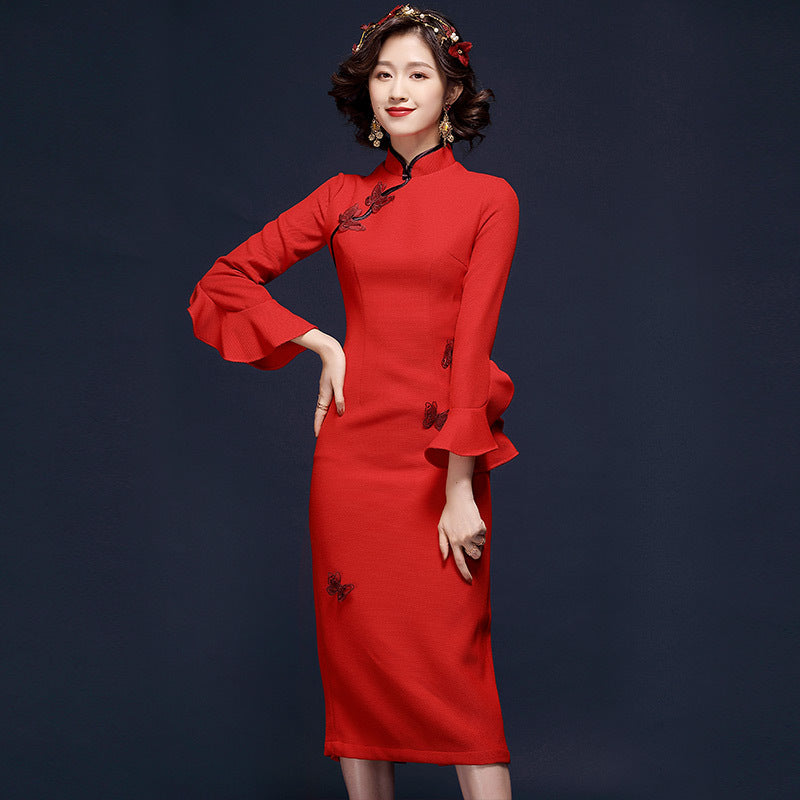 Ruffle Sleeve Cheongsam Top Retro Chinese Style Pencil Dress