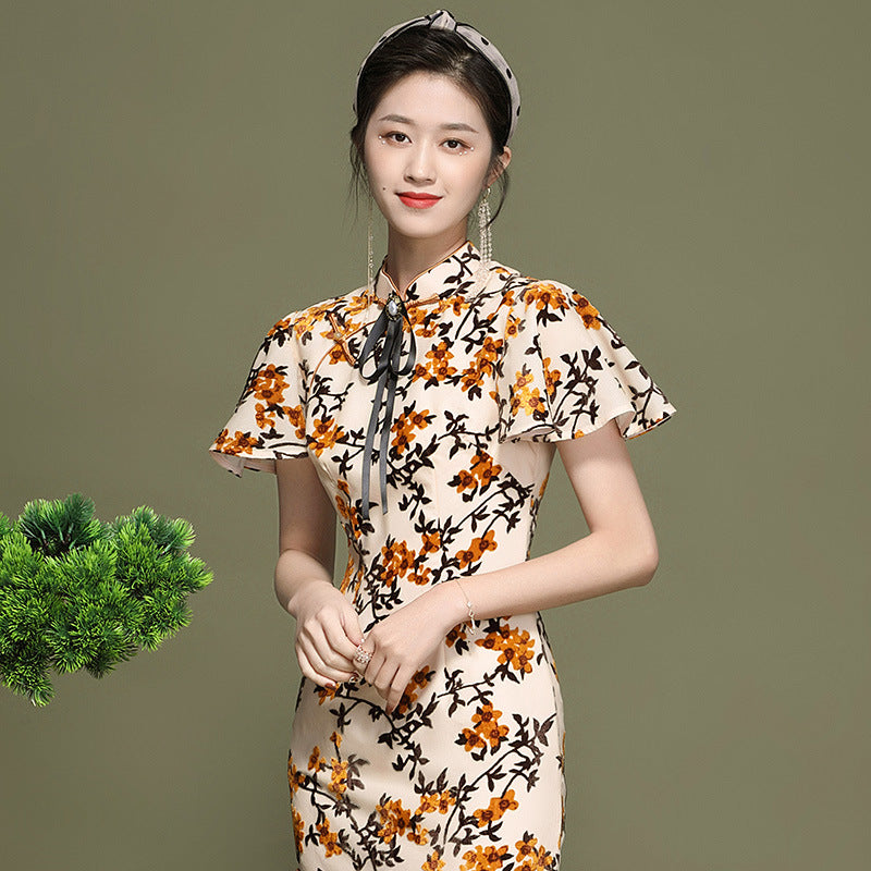 Ruffle Sleeve Modern Cheongsam Chinese Style Floral Pencil Dress IDREAMMART Ruffle Sleeve Modern Cheongsam Chinese Style Floral Pencil Dress IDREAMMART