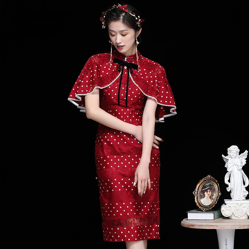 Ruffle Sleeve Modern Cheongsam Chinese Style Pencil Dress with Cape Ruffle Sleeve Modern Cheongsam Chinese Style Pencil Dress with Cape