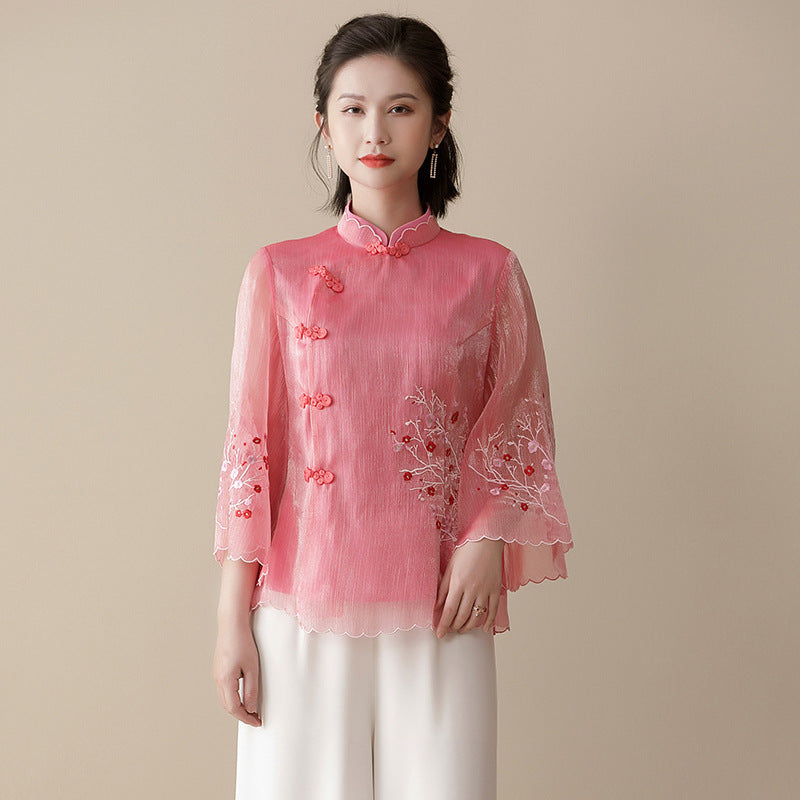 Trumpet Sleeve Floral Embroidery Cheongsam Top Chinese Blouse