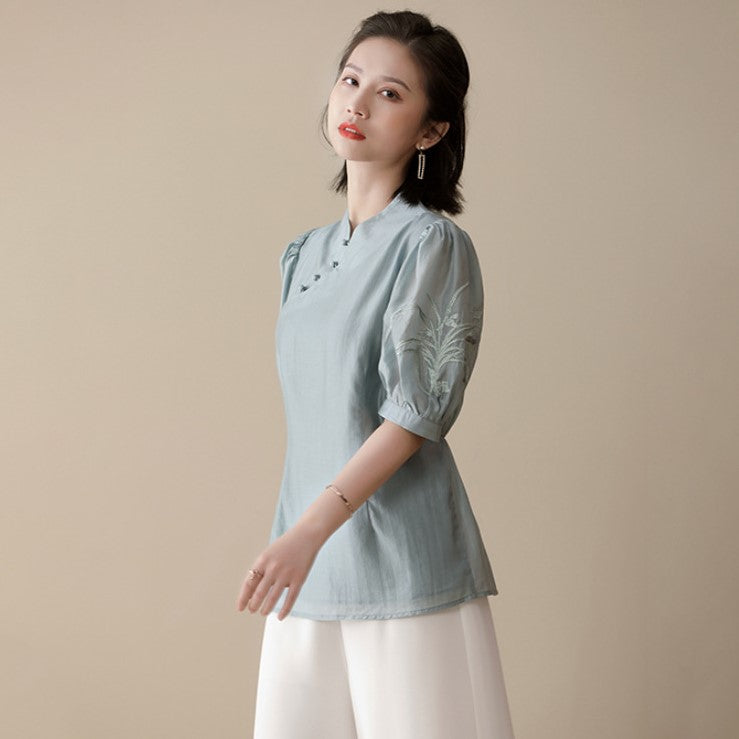 Puff Sleeve Floral Embroidery Silk & Cotton Cheongsam Top Chinese Blouse