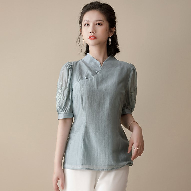 Puff Sleeve Floral Embroidery Silk & Cotton Cheongsam Top Chinese Blouse