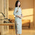 3/4 Sleeve Floral Embroidery Tea Length Wool Cheongsam Chinese Dress