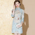 3/4 Sleeve Floral Embroidery Brocade Knee Length Cheongsam Chinese Dress