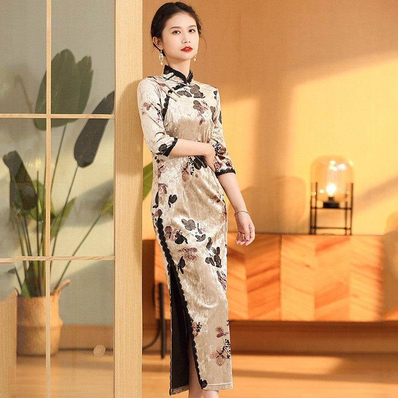 3/4 Sleeve Butterfly Pattern Velvet Cheongsam Chinese Dress with Lace Edge Beige / XL 3/4 Sleeve Butterfly Pattern Velvet Cheongsam Chinese Dress with Lace Edge Beige / XL