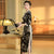 3/4 Sleeve Floral Velvet Cheongsam Tea Length Chinese Dress with Lace Edge