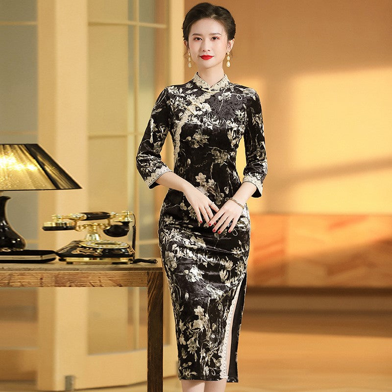 3/4 Sleeve Floral Velvet Cheongsam Tea Length Chinese Dress with
