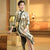 3/4 Sleeve Bamboo Pattern Velvet Cheongsam Chinese Dress with Lace Edge