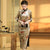 Mandarin Collar 3/4 Sleeve Floral Velvet Cheongsam Chinese Dress with Lace Edge