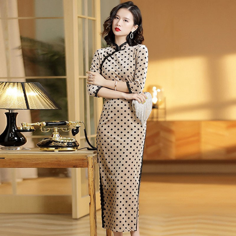 トップス polkadots 3/4 Sleeve Polka Dots Velvet Retro Cheongsam Chinese Dress