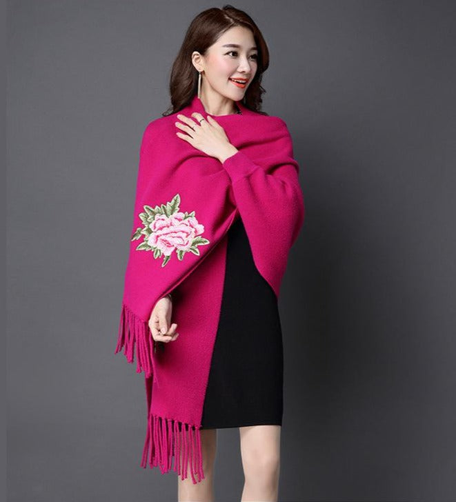 All Matched Chinese Style Floral Sweater Shawl with Tassels