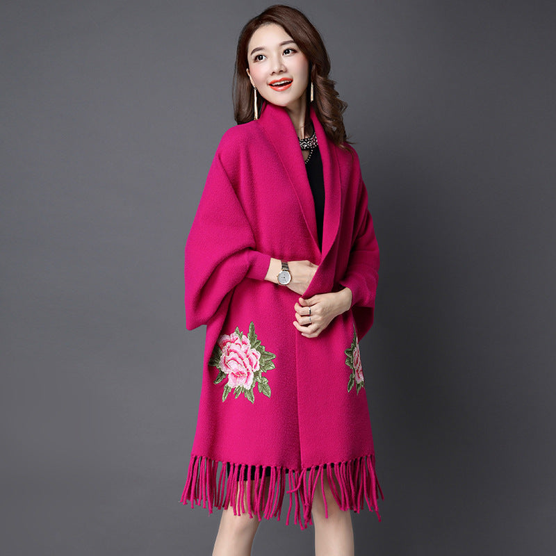 All Matched Chinese Style Floral Sweater Shawl with Tassels