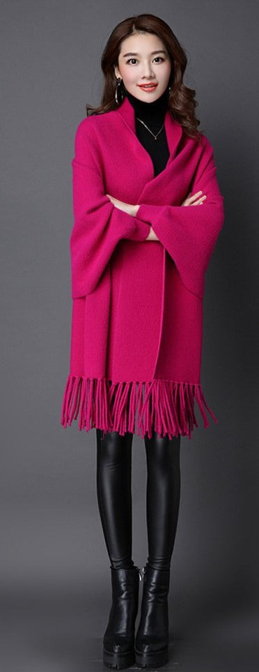 Two-sided Batwing Sleeves Sweater Shawl with Tassels