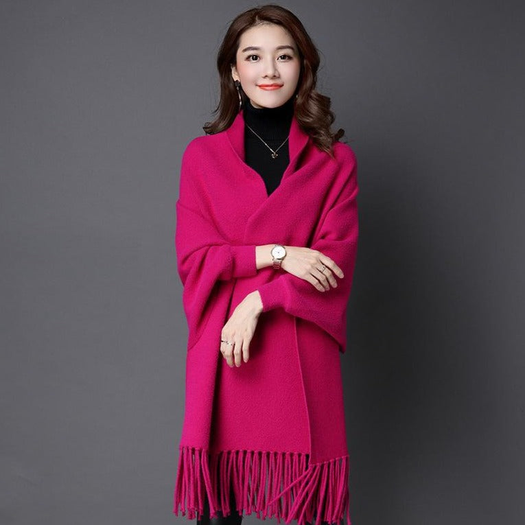 Two-sided Batwing Sleeves Sweater Shawl with Tassels